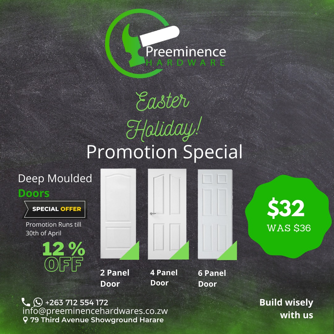 AvyletLogistics's tweet photo. Easter holiday promotion is here!
Hurry and buy your own deep moulded doors while promotion still lasts between now and the 30th of April 2022. App/call +263712554172.
#preeminencehardware 
#buildingmaterials
#hardware 
#esteemedbrands 
@EsteemComms 
@takemorem1 
@mavhure1 https://t.co/NDAWPKcEod