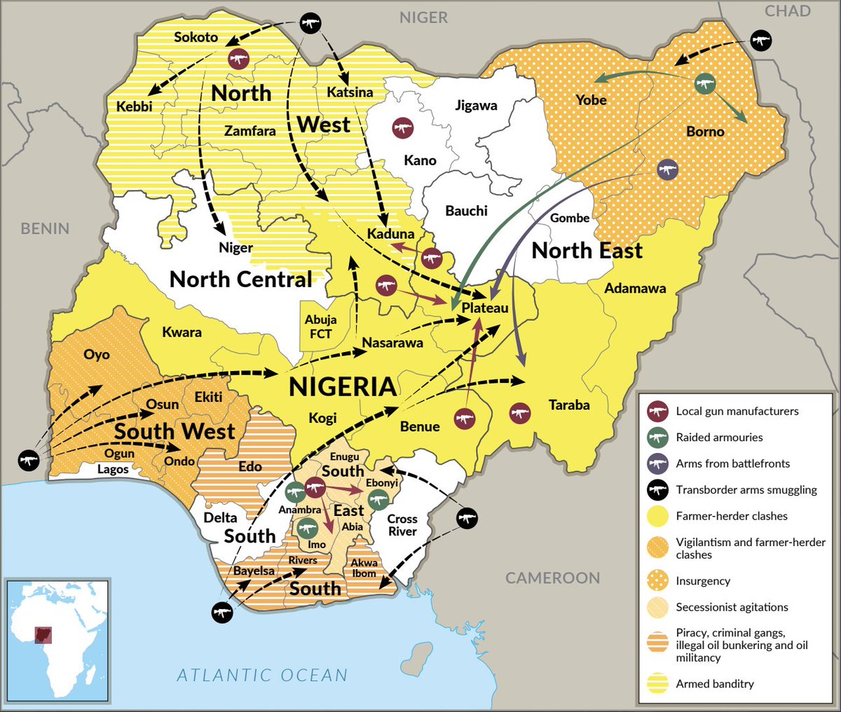 GI_TOC's tweet photo. 🚨 #ArmsTrafficking is known to be a consistent accelerant of #instability and violence.

🇳🇬 The proliferation of criminal and conflict actors, and the ensuing instability they generate, have driven demand for arms, positioning #Nigeria as a central hub for #weapons. https://t.co/xsETX6Ljr8