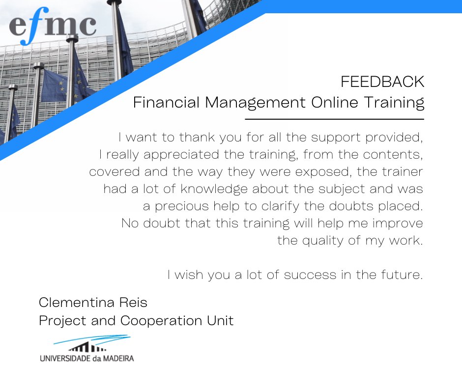 EfmcEurope's tweet photo. Another feedback from the participant of our 3-day Financial Management Online Training! 

#training #financialmanagement #horizoneurope https://t.co/50aD4Chfnk
