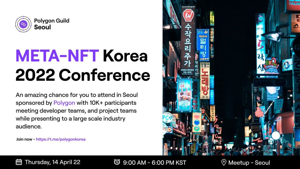 David_TH_Ham's tweet photo. Come join the inaugural Polygon Guild Seoul meetup at the META-NFT Korea 2022 Conference @coexseoul @0xPolygon #web3 #metaverse #blockchain #ethereum #nft @0xPolygonDevs #seoul #korea https://t.co/1B1y23Ufqi