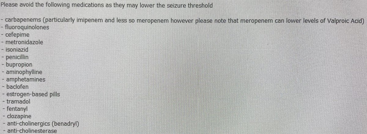 SKatartzis's tweet photo. When a patient with active seizures requires antibiotics &amp; neuro drops the note listing all of the antibiotics they can’t use 🙈 #TwitteRx thoughts on which antibiotics are the most and least offenders? 💭 https://t.co/dlSTWadtOm