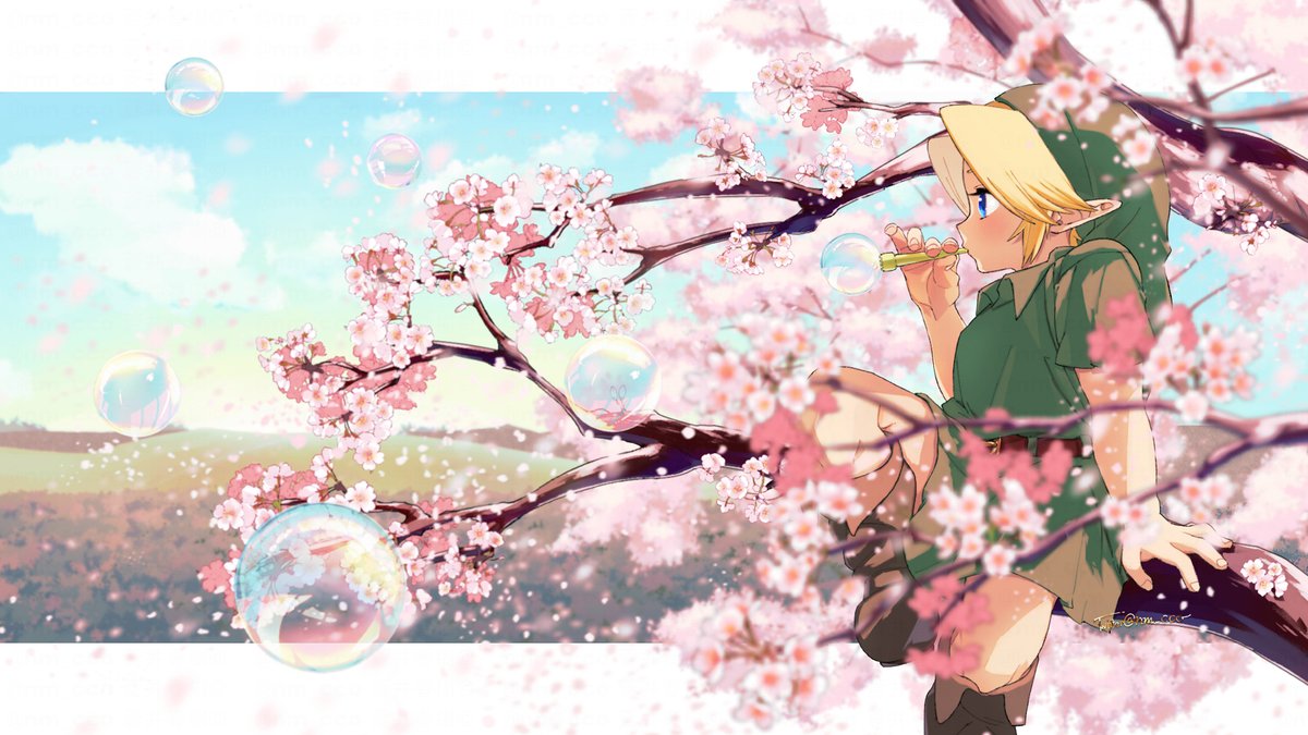 link 1boy blonde hair male focus cherry blossoms pointy ears blue eyes green headwear  illustration images