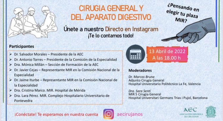 Futuros R1!!
¿Vuestra especialidad es la Cirugía General? 

No os perdáis mañana el Directo de Instagram de la AEC! Os lo contamos todo! ✨👇🏻

<a href="/MarcosBruna_/">Marcos Bruna</a> <a href="/aecirujanos/">aecirujanos</a> <a href="/aecformacion/">AEC Formación</a> <a href="/GrupoCTO/">Grupo CTO</a> <a href="/academiamir/">Academia AMIR</a> <a href="/mirasturias/">MIR Asturias</a> <a href="/smoralesconde/">Salvador Morales Conde</a>