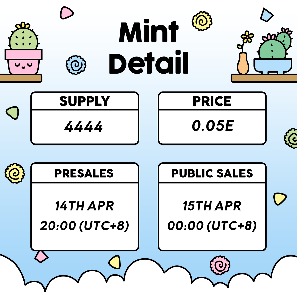 PreSale Date: 
Start: 14th Apr 20:00 (UTC+8)
Duration: 4 hours

Public Sale Date:
Start: 15th Apr 00:00 (UTC+8)
Duration: 24 hours

Presales &amp; Public Sales
Price: 0.05 ETH

Homelist: Max 2 per wallet
OG Homie: Max 3 per wallet

Reveal: 5 Days after Public Sales

Like + RT🔥🔥🔥
