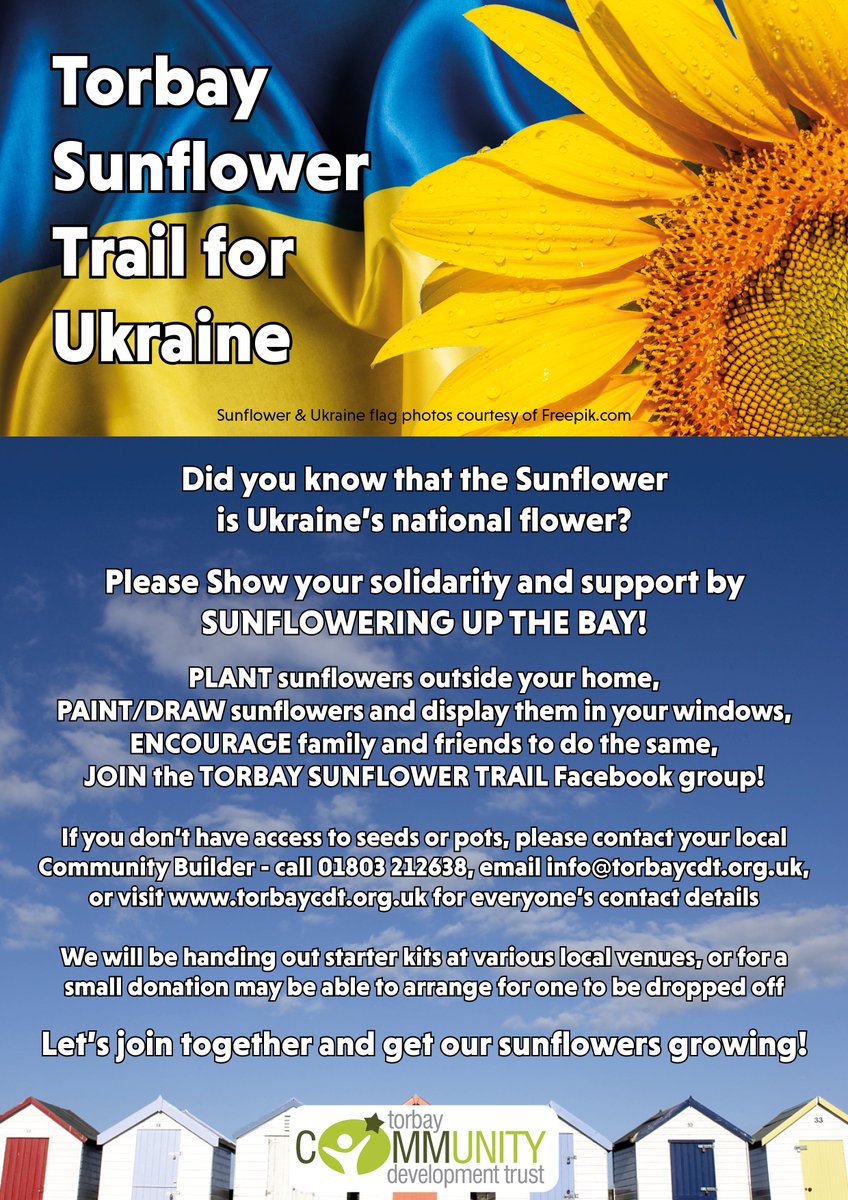 Our #Torbay Community Builders are relaunching the Torbay Sunflower Trail to pay respect to and raise funds for refugees of the #UkraineInvasion - for more details, join the Facebook group facebook.com/groups/TorbayS… 🌻🇺🇦 🇬🇧