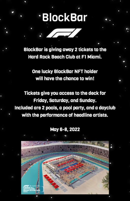 BLOCKBAR COLLECTOR GIVEAWAY 

To celebrate our collectors we are giving away 2 tickets to the 
<a href="/F1Miami/">F1 Miami Grand Prix</a>
 
To enter this giveaway: 
1️⃣Follow 
<a href="/BlockBarNFT/">BlockbarNFT</a>
2️⃣ Tag 3 friends in the comments
3️⃣ Like &amp; RT
4⃣Hold a BlockBar NFT
5⃣Winner will be announced in Discord by May 1st…
