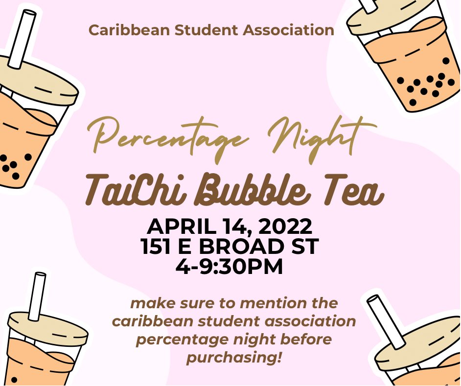Join us this Thursday for our percentage night at TaiChi Bubble Tea! Don’t forget to mention CaribSA before purchasing. See you there!