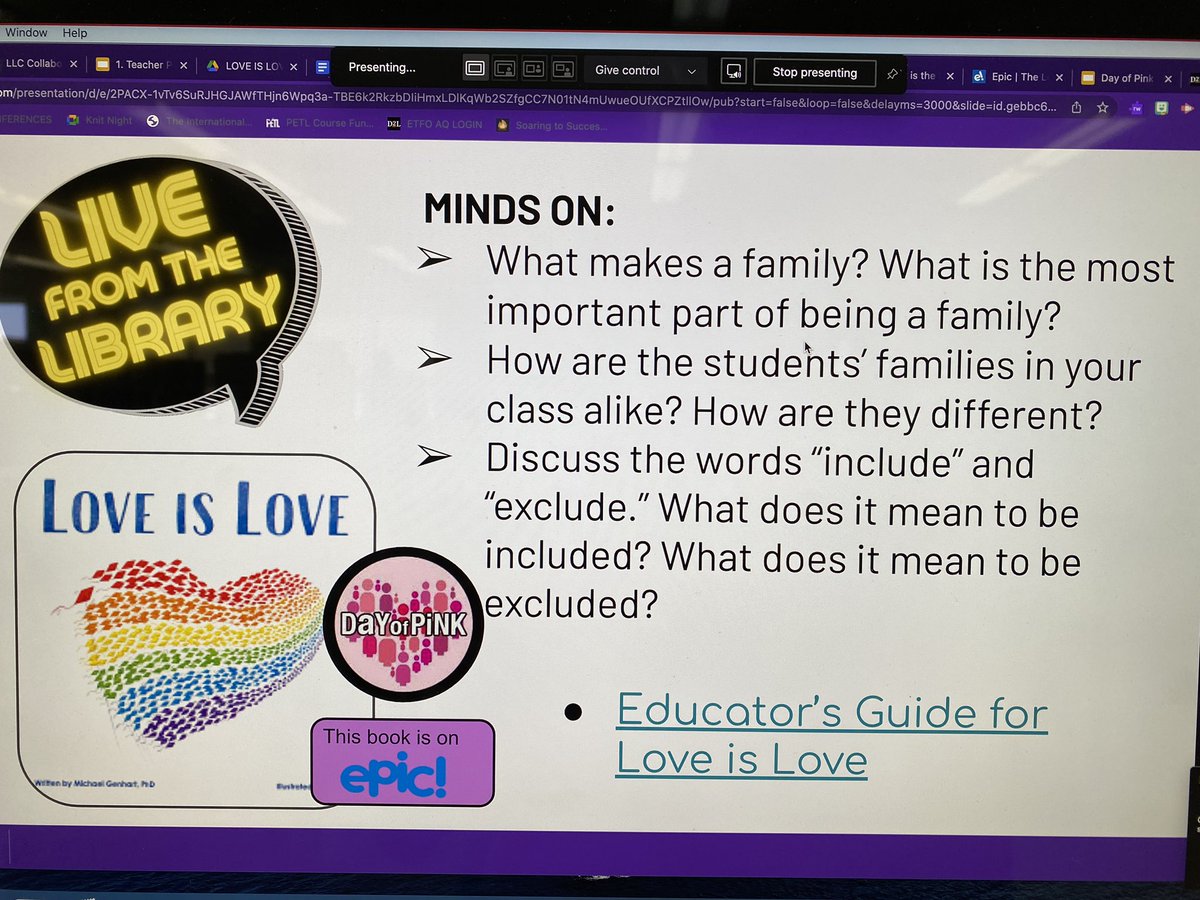 LarkspurLibLC's tweet image. Today’s #LiveFromTheLibrary is all about #DayOfPink! We are discussing allyship, celebrating all types of families, and taking a pledge to end homophobic and transphobic bullying. @PDSB_Libraries #ONSchoolLibraries #LiteracyInLLCs