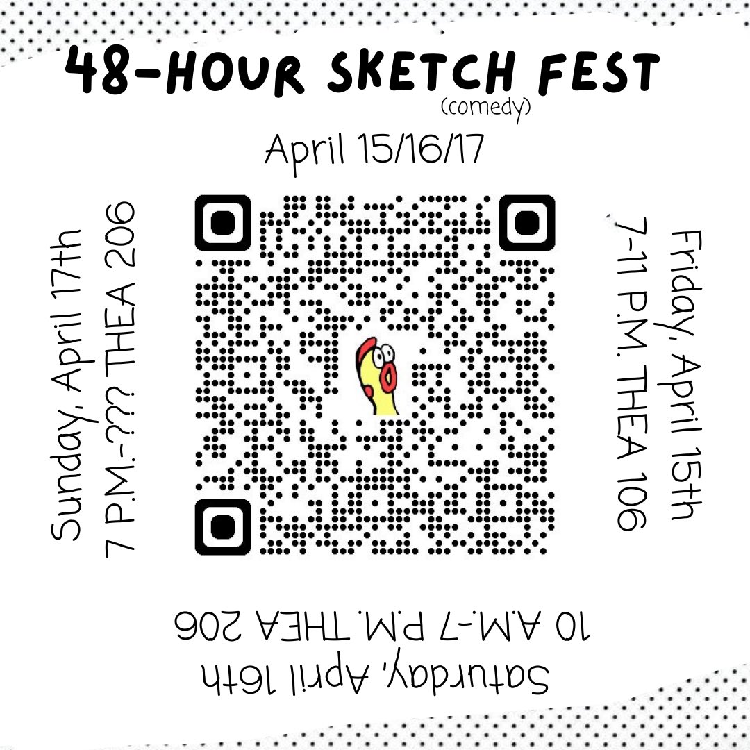 TXSTcomedy's tweet photo. Heya comedy fans! Interested in joining our 48-hour sketch fest this coming weekend? You can write, direct, perform, or whatever else you can think of. https://t.co/ZTzo8EKPXR <---sign up :) https://t.co/CgBHMcuqZN