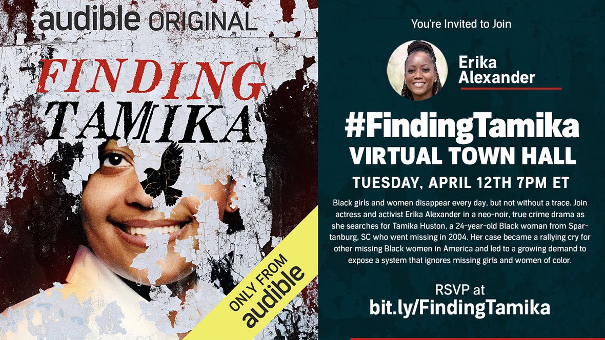kelsei_w's tweet photo. Tonight join @EAlexTheGreat, @charmionkinder of @VPIconsulting, and others in a virtual town hall about the @audible_com audio series #FindingTamika. RSVP at https://t.co/VSskqjukAY https://t.co/aiMuZCriL9