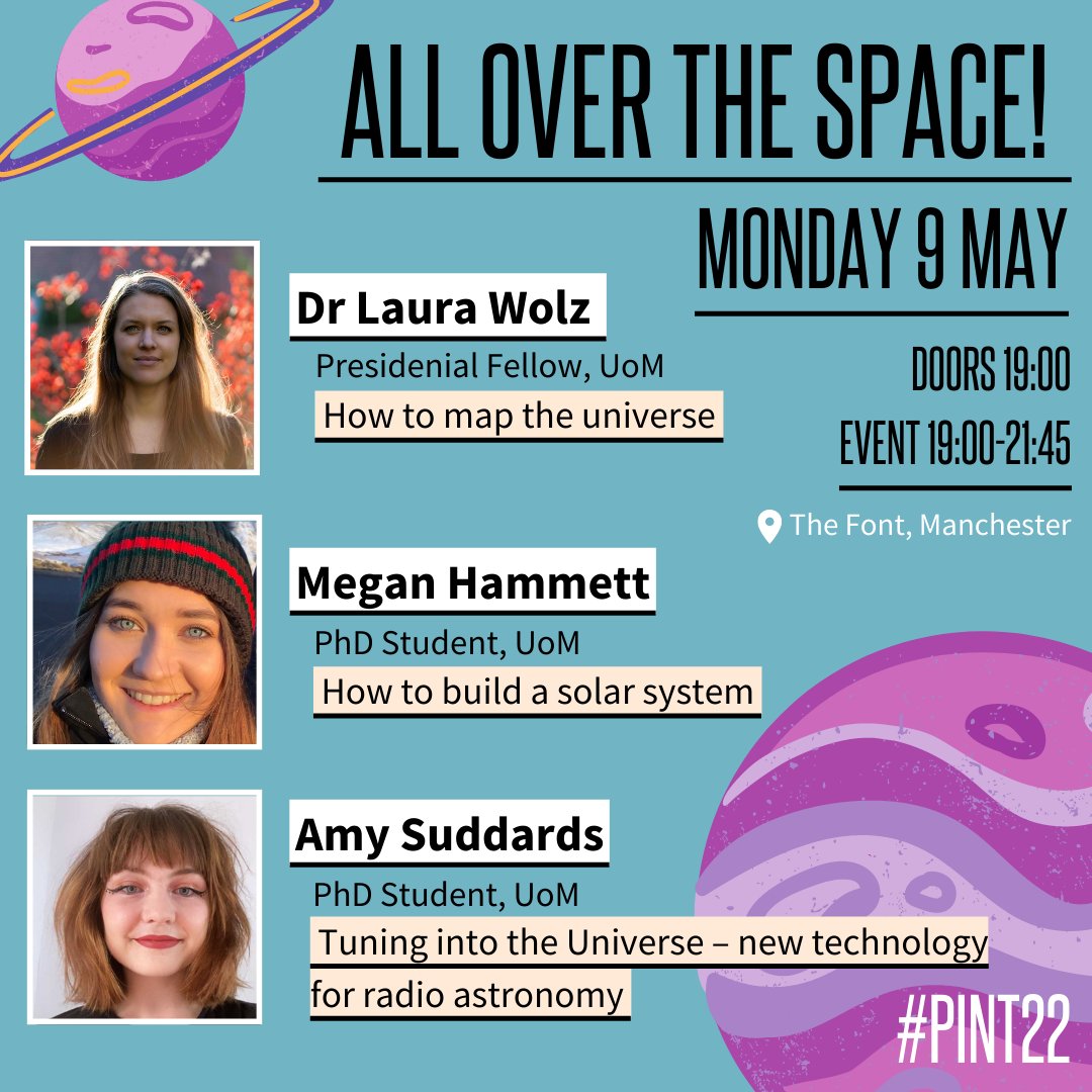 Daisy_Flatman's tweet photo. How can we map the Universe?☄️How is a solar system made?🪐 &amp; How do you listen to space?🛰️

Join us on 9th May for our opening @pintofscience 🍺 event where @DrLauraWolz, @meganhammett_ &amp; @amy_suddards from @uom take us All over the space! 

🎟️🎟️https://t.co/CnXRTVRXpk #pint22 https://t.co/gQ3ZayS89t