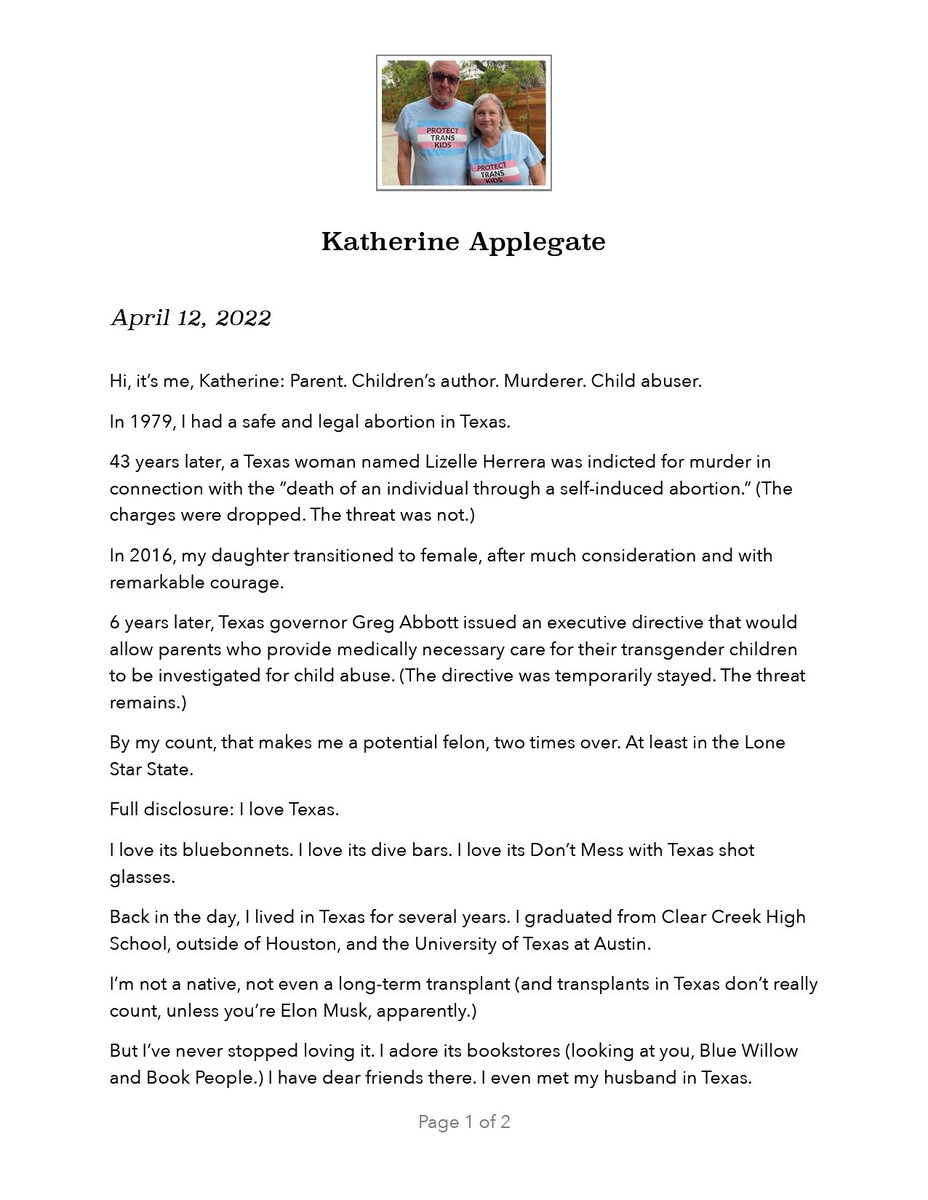 kaaauthor's tweet photo. Here's the full text of the letter posted below:

Hi, it’s me, Katherine: Parent. Children’s author. Murderer. Child abuser.

In 1979, I had a safe and legal abortion in Texas.

(1/16) https://t.co/ALkbG3kh1A