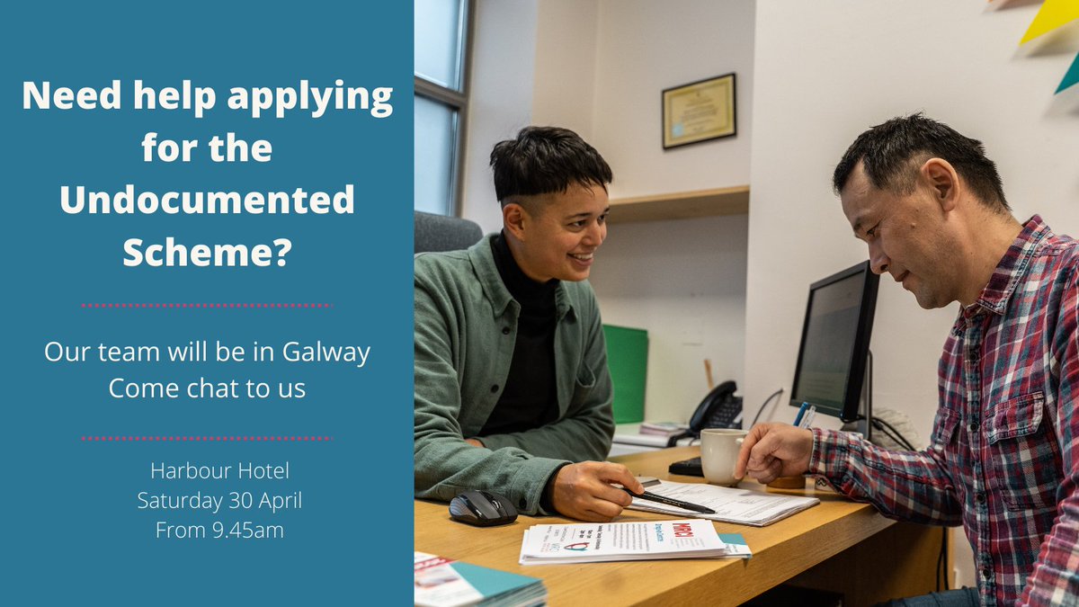 📢Need support applying for the Undocumented Scheme?

Come chat to us and we can help you apply for your legal status.📝 

📅Our team will be in Galway on Saturday 30 April at the Harbour Hotel from 9.45am

➡️Register now: tinyurl.com/galway-clinic 

Pls share🙏