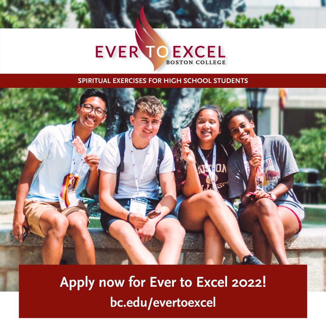 BCEverToExcel's tweet photo. Come to @BostonCollege this summer and experience Ever to Excel for high school students. Guided by the wisdom of Saint Ignatius Loyola, you will learn about how to create a more meaningful life through the lens of Jesuit spirituality.

Learn more: https://t.co/IM7SAsXFhG https://t.co/Bpu29RTBdU