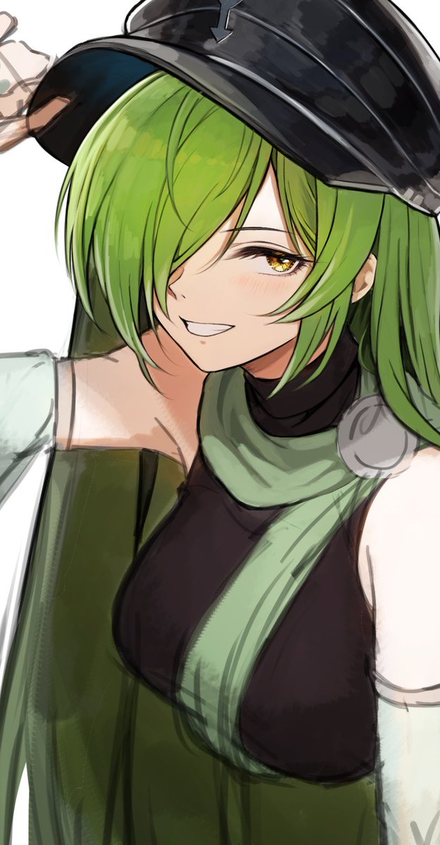 1girl green hair hat long hair solo smile yellow eyes  illustration images
