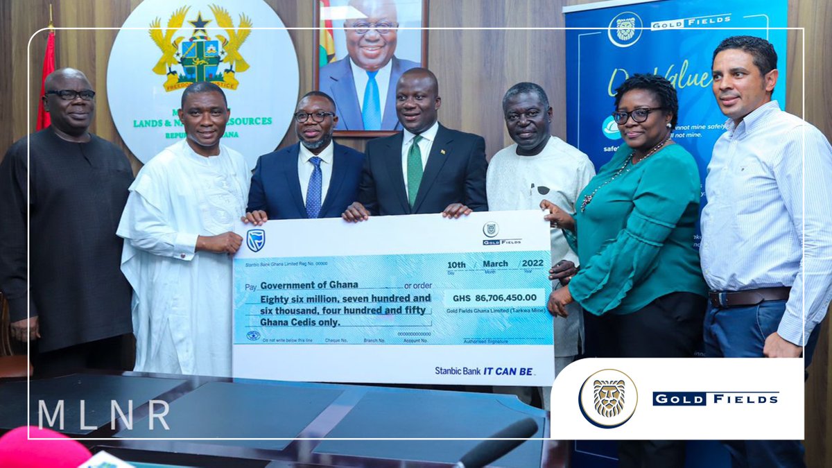 GoldFields_LTD's tweet photo. Our acting #Ghana EVP, Joshua Mortoti, recently handed over a cheque of US$13.5m to the Ghana Government. It brings to US$47m the total dividend paid to the Government last year and the total tax contribution for the year to US$319m – 53% of our pre-tax profit.

#GoldFields https://t.co/9gkk8WwkXl