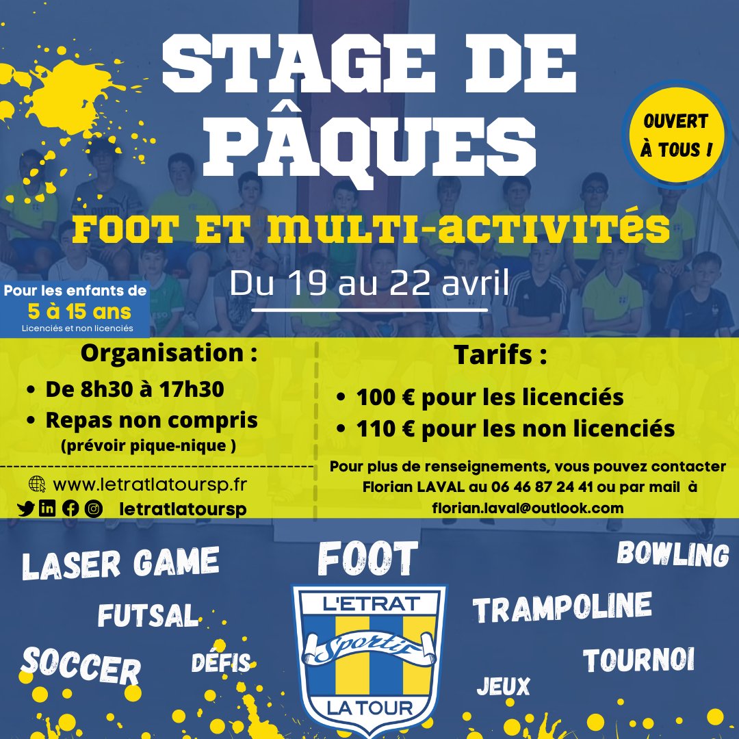 letratlatoursp's tweet photo. [ 𝐑𝐚𝐩𝐩𝐞𝐥 𝐒𝐭𝐚𝐠𝐞 ] 👦👧 

Le club organise son stage des vacances de Pâques du mardi 19 au vendredi 22 avril 👊
Il reste encore quelques places alors ne perdez pas de temps ! ✍ 

Pour vous inscrire, cliquez sur le lien ci-dessous 👇 : 

https://t.co/ImuC4MchEh https://t.co/V2Cnnlc1w2