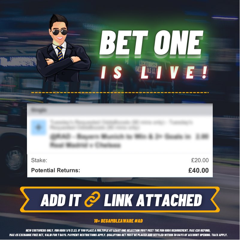 BennyBoyTips's tweet photo. 🚌💨 BOOM BUS BET 1!

Add it here: https://t.co/FErsdit6aQ

⚡️ You’ll need a Betfair account to get the best odds on this, so create an account here: https://t.co/7melohaxIv

🔁 If BET 1 loses you’ll also get your money back in cash.

18+ BeGambleAware AD https://t.co/L5njvTsdMH