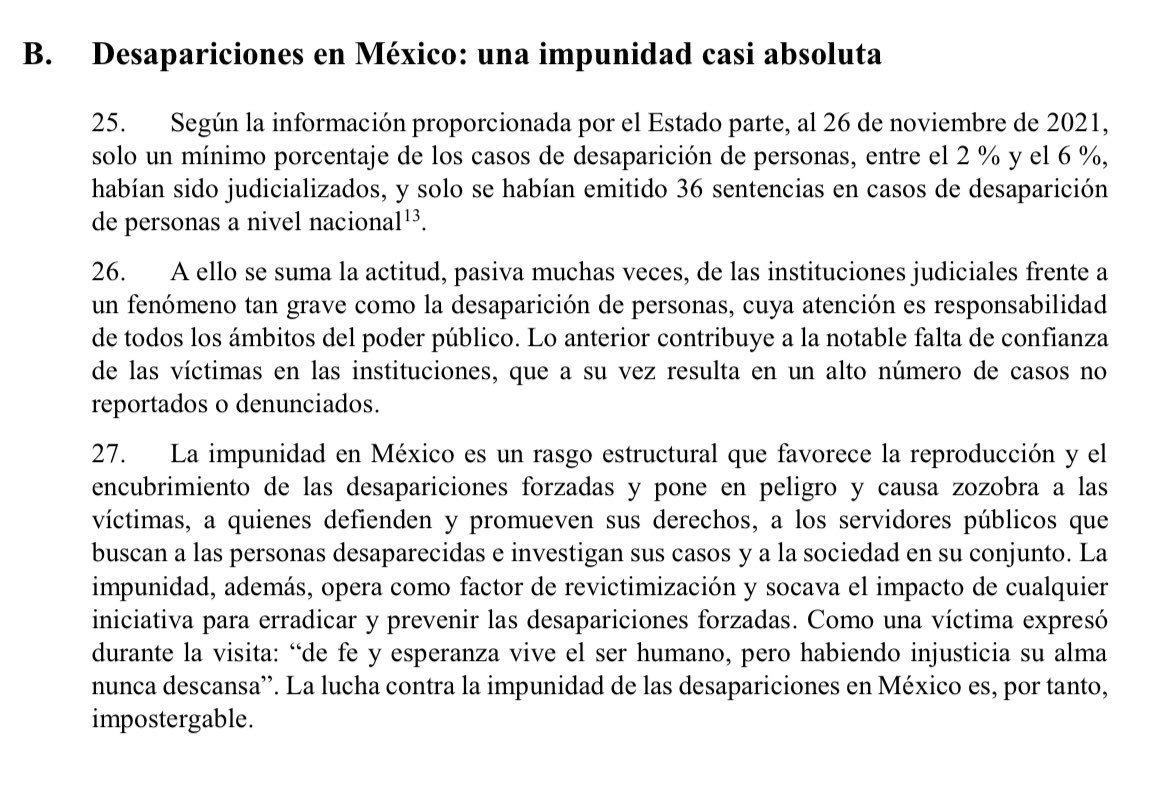 El Comité de la ONU contra la #desaparicionforzada señala en su informe presentado hoy sobre su visita a México: 

🔴La impunidad en México es un rasgo estructural que favorece la reproducción y el encubrimiento de las desapariciones forzadas.