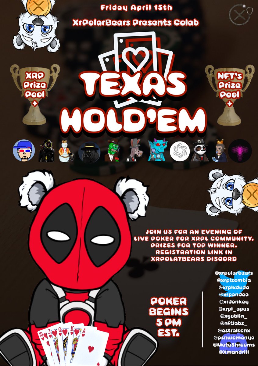 xrPolarBears's tweet photo. ♣️♦️♠️♥️ xrPolarBears Poker Night ♣️♦️♠️♥️ 

Friday 15th April, 5PM EST OVER 1000 XRP IN PRIZES! Come and join https://t.co/FKH47rMM3h

In association with 
@xrplzombie
@xrplxdude
@xrpandaa
@xrdonkey
@xrpl_apes
@xgoblin_
@nftlabs_
@astralsonx
@psnwomanyc
@MetaShrooms
@Xmandrill https://t.co/H4RQ75CrP7