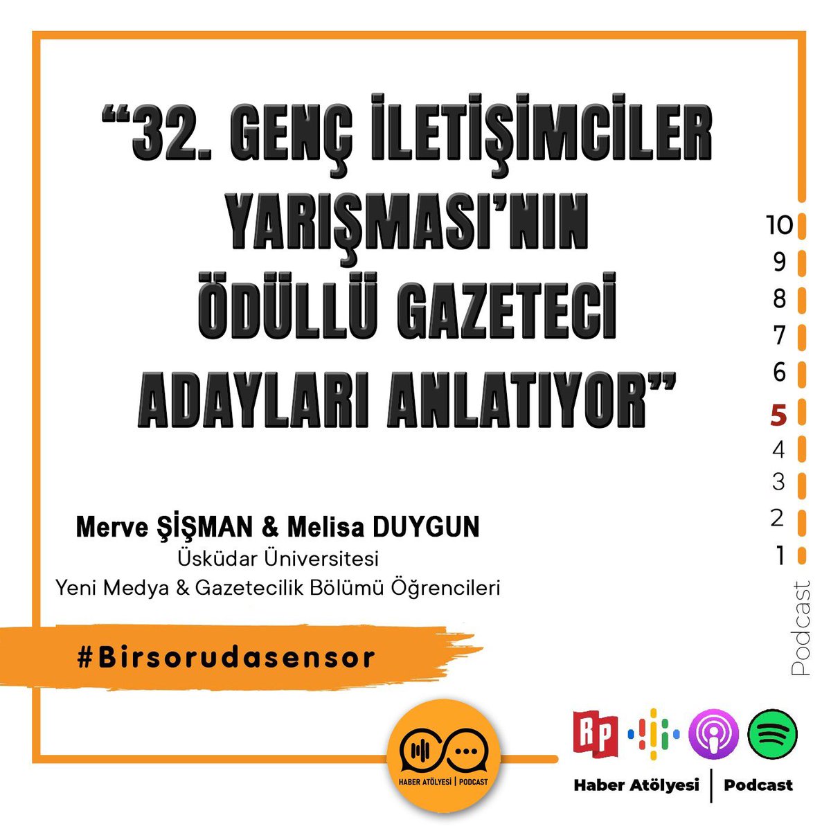 MediaCastt's tweet photo. 📢Haber Atölyesi | Podcast programının 5. bölümünde, 32. Genç İletişimciler Yarışması’nda ödül alan Üsküdar Üni. Yeni Medya ve Gazetecilik 3. sınıf öğrencileri Merve Şişman ve Melisa Duygun ile konuşacağız.

#birsorudasensor

@suleymanirvan @Melisduygunn @Mervsismn @gungornazife https://t.co/AceU7yKsE4