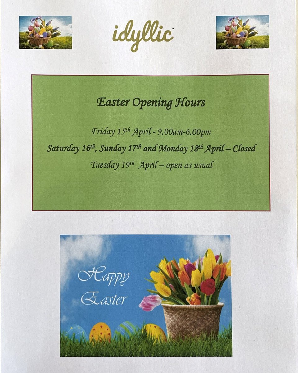 Idyllicspa's tweet photo. Easter Opening Hours.....
We still have 2 appointments left on Friday
10.30am - 20 mins
15.50  -30 mins
Call 01483277951 to book!
#easter https://t.co/Yte76ljDUg