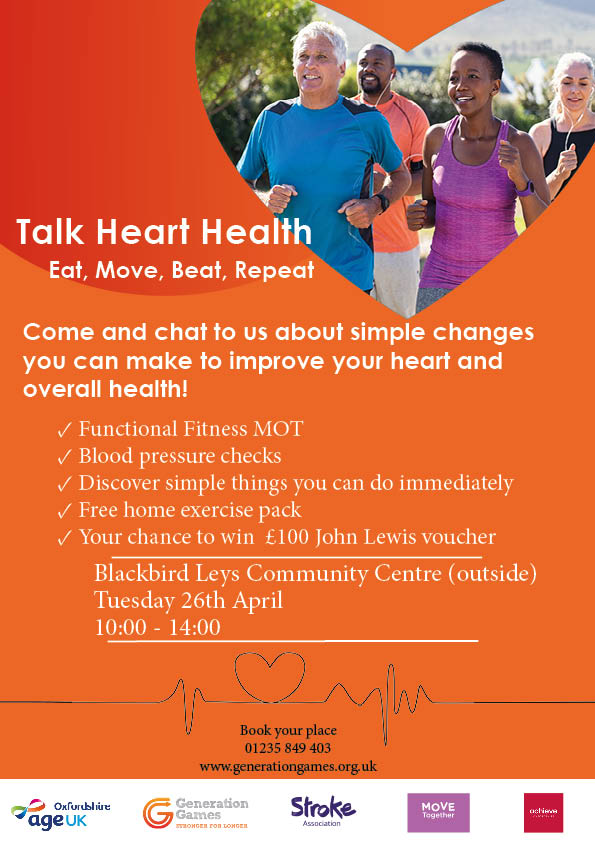 GenGamesUK's tweet photo. We're looking forward to the next "Talk Heart Health" event on 26th April at @LeysParishCncl Blackbird Leys Community Cntre from 10 am. We are joined by our brilliant partners @AchieveOxon @OxfordCity and will be offering blood pressure checks, fitness MOTs and lots of freebies! https://t.co/eHTSc7hm0r