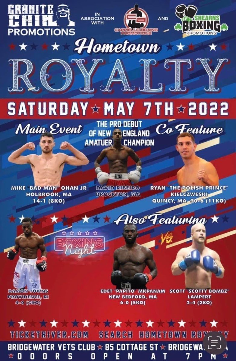 boxen247's tweet photo. https://t.co/XwKMMNqFOE
Granite Chin Promotions “Hometown Royalty” May 7 in Bridgewater
#DamonTowns #DavidRibeiro #EdetMkpanam #JoseAubel #MarioLozano #MikeOHan #OhanAubel #RobertBricks #RyanKielczweski #ScottLampert #boxing #boxingnews #boxen247 https://t.co/QN8EMVAIJh