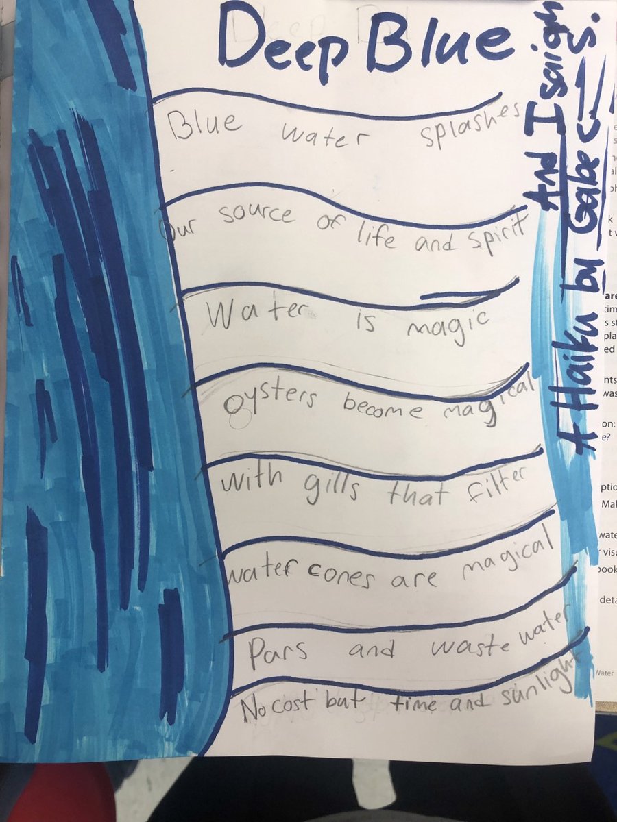 MeversEagles's tweet photo. All fifth-grade students completed a Unit on Water. Students used all their research, information, and real-world connections to write their own poems with a classmate. They used any type of poem structure: rhyming, haiku, formal or informal. #CSUSAPride @BrendaLCoyle https://t.co/FRfHcwGZWv