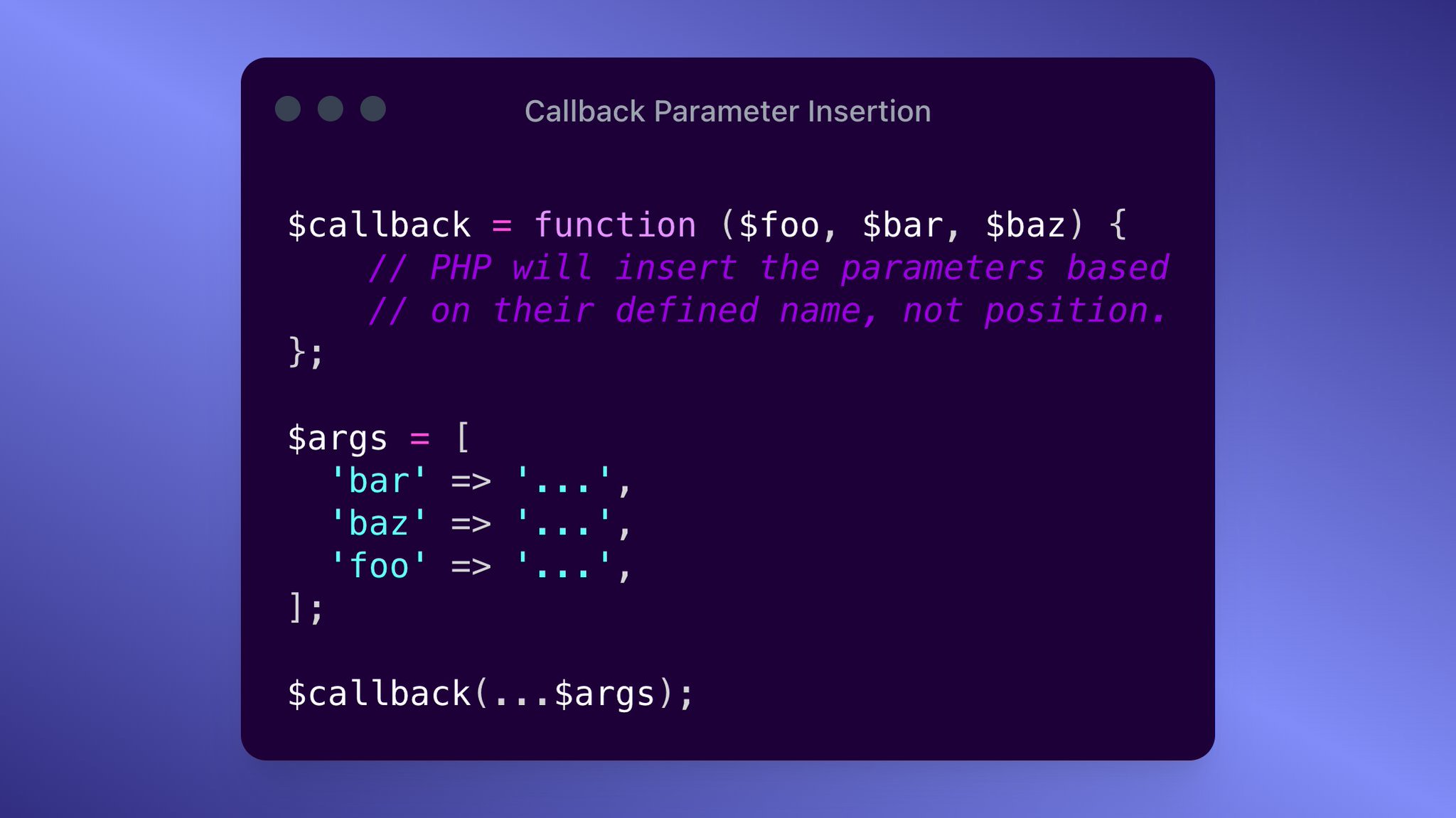 The spread syntax understands named parameters and correctly assigns array values to them