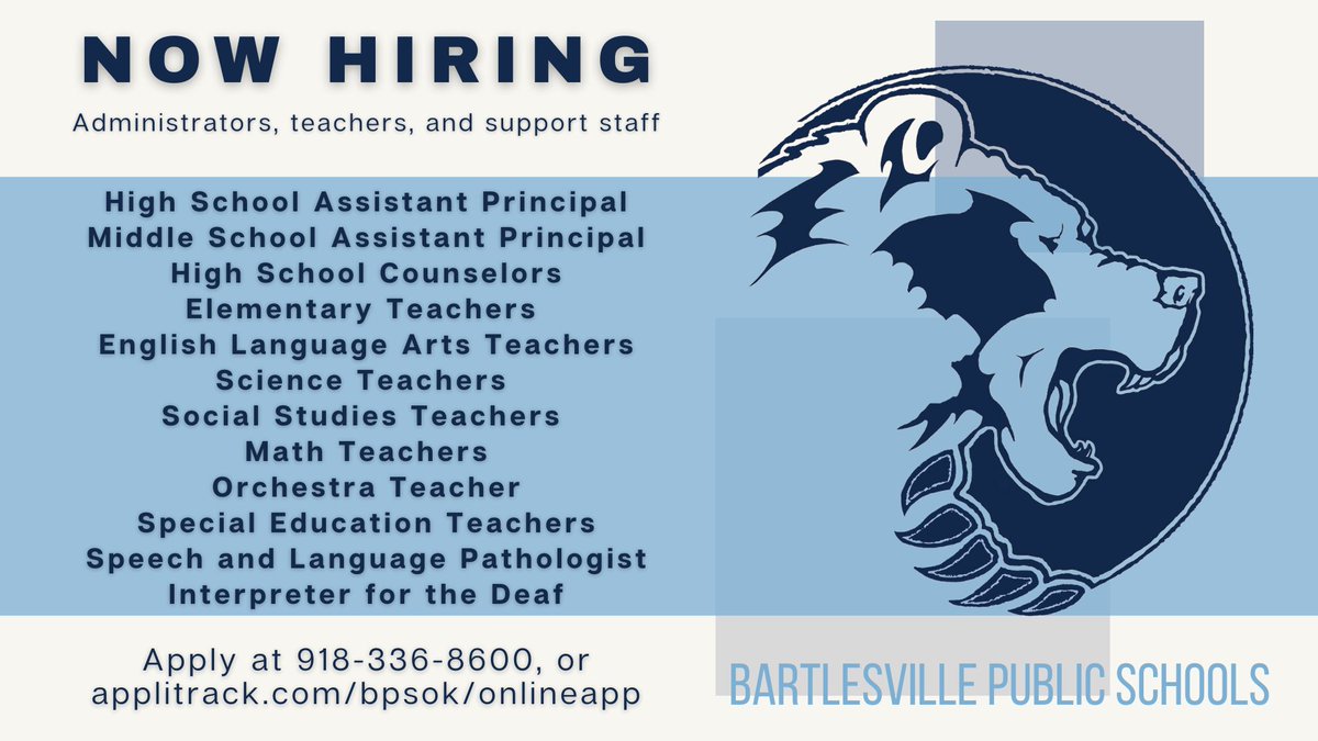 BPSDBruins's tweet photo. The Bartlesville Public School District is now hiring for administrator, teacher, and support staff positions. Submit your resume at https://t.co/vytPh7b6mX. #bvillebruwin https://t.co/Do5sgADHuk