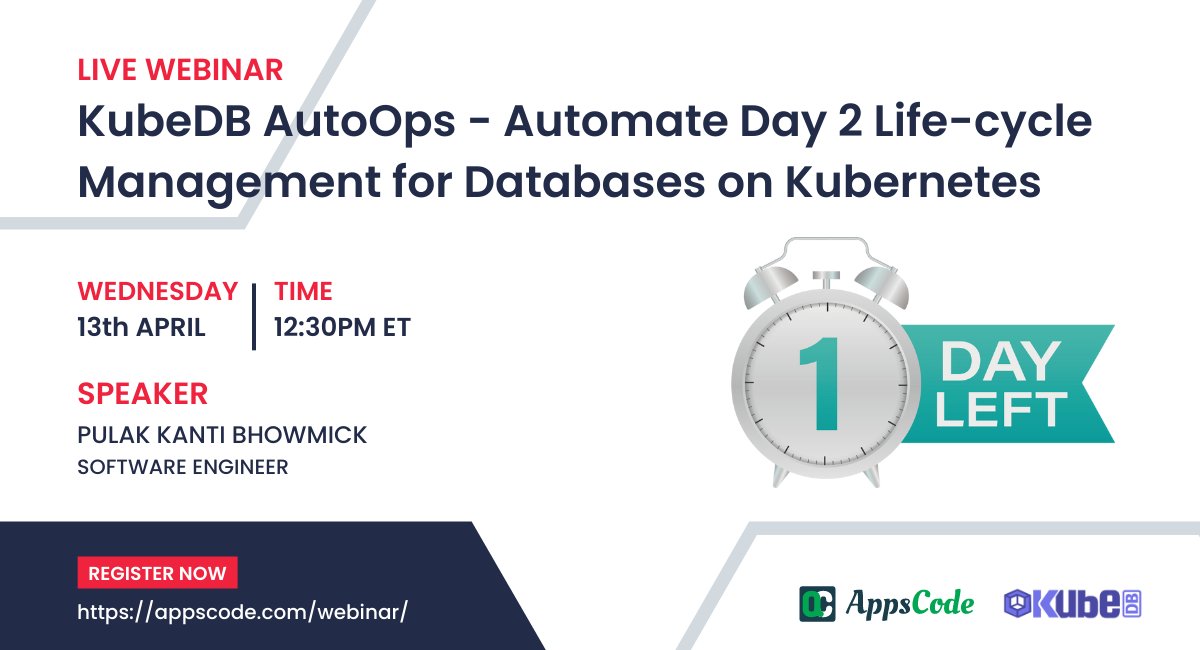 KubeDB's tweet photo. Only 1 Day to go! Don’t miss our upcoming webinar, “KubeDB AutoOps - Automate Day 2 Life-cycle Management for Databases on Kubernetes” on 13th April 2022, 12:30 PM ET.
Register Here: https://t.co/UGjmq9EEHq
#KubeDBAutoOps #KubernetesDatabase #KubeDB https://t.co/GLJyNBdWL2