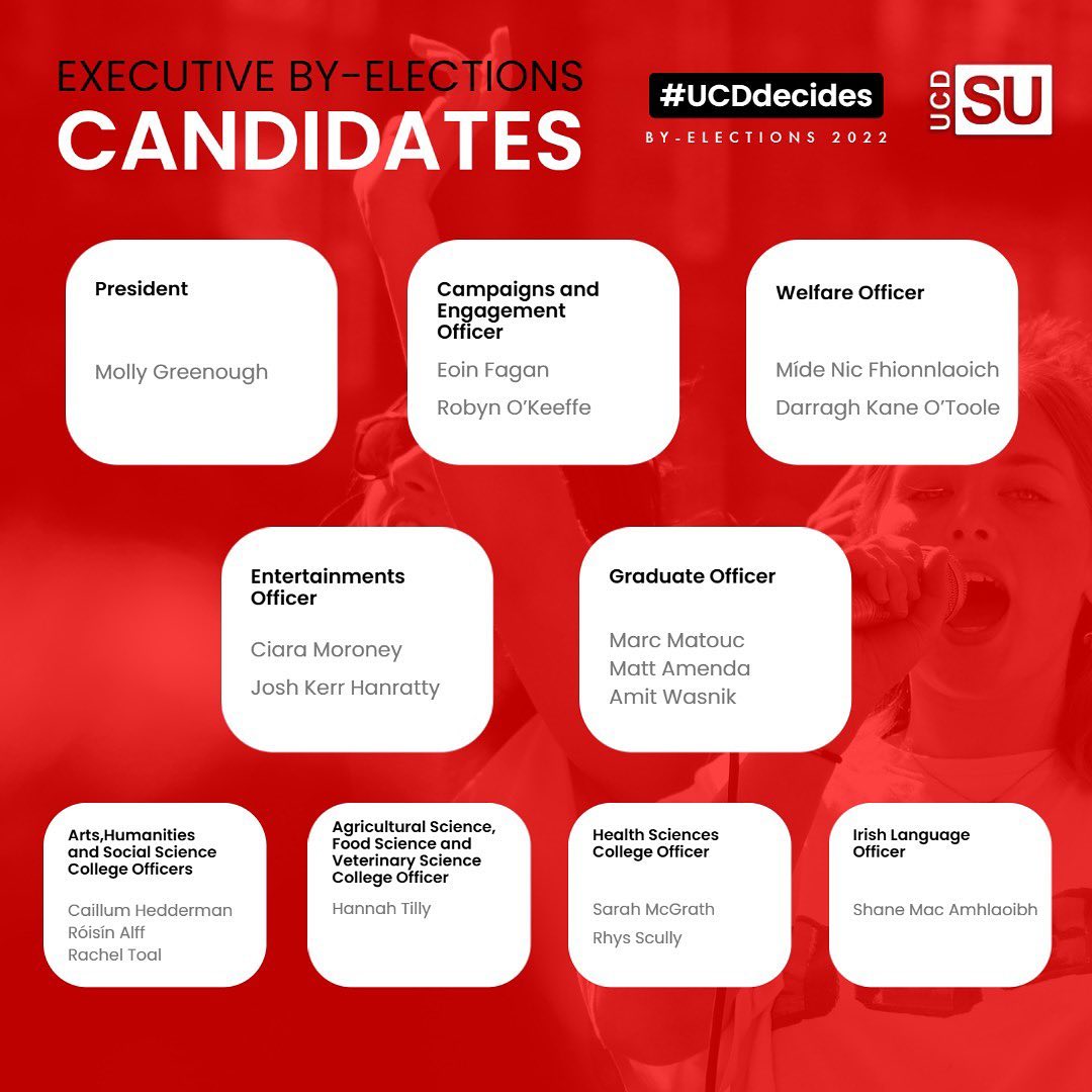 UCDSU's tweet photo. 🚨 UCD Students’ Union By-Election Candidates confirmed.

➡️Voting takes place on campus, in person, beginning on April 20 (9am), and finishing April 21 (9pm).

➡️Results will be announced on April 22.

#ucdapproved #ucddecides #ucdsu #ucdstudentlife #studentlife #election https://t.co/2iON8VY0EH