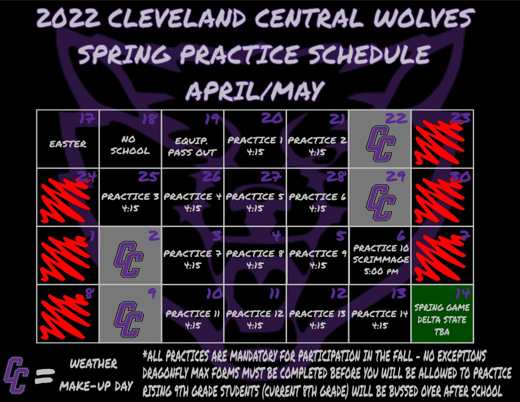 The Wolves will begin spring practice next week! If your child wants to play football, he must come out for the spring. Also, all forms must be completed in Dragonfly Max. Students who played junior high should already have this done. #EAT #TheCentral #RunWithThePack