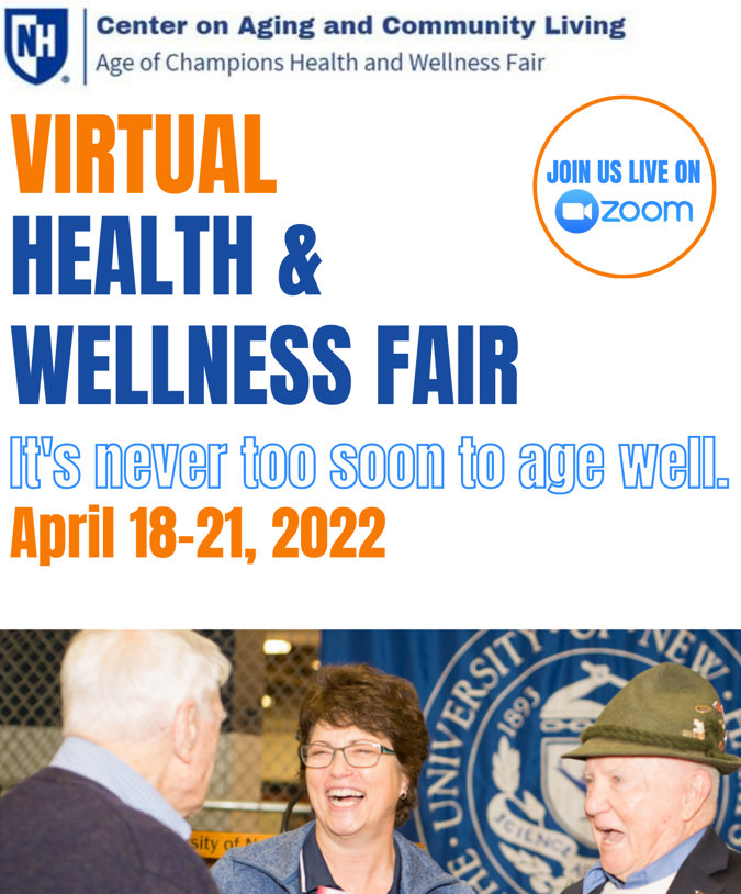 UNHIHPP's tweet photo. Follow us on Facebook (@unhageofchampions) for more information about the Age of Champions Health &amp; Wellness Fair happening next week April 18-21! All sessions are happening on Zoom and there are plenty of resources already on our webpage! https://t.co/O8jRxfP4kN https://t.co/XqOpP8SdmS
