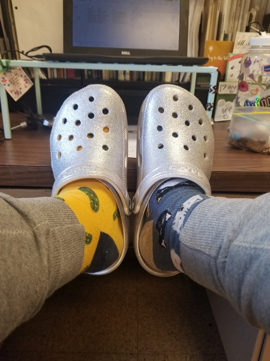 BRMSband's tweet photo. Dress as a student day! Putting my croced-out feet up where they don't belong; looking forward to trying out sport mode later!! 😅
#picklesocks #catsocks https://t.co/5zLLJcUrSo