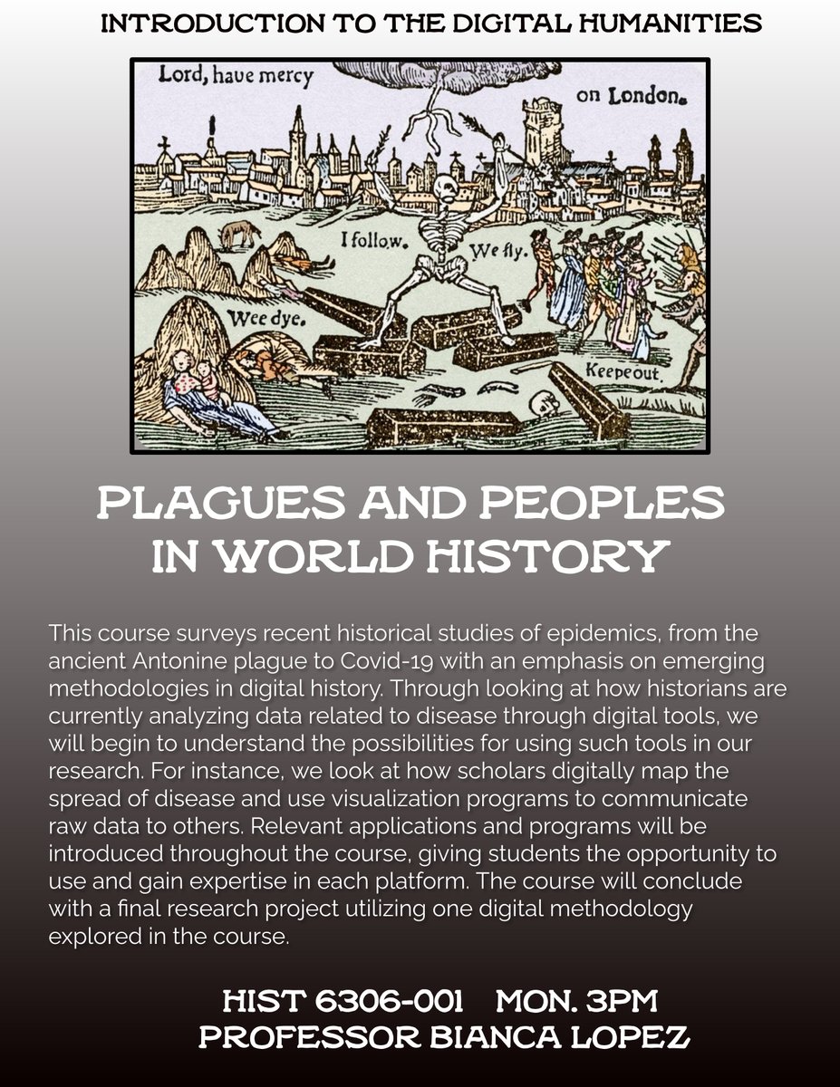 SMUHistoryDept's tweet photo. Now is a great time to study the history of pandemics and learn to use digital technology in your research. Don’t miss this interesting and timely course with Professor Bianca Lopez. #historymajor #historyminor https://t.co/qvYWL9VHDH