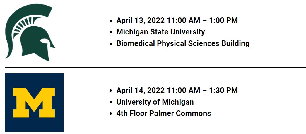 Join us at Michigan State University and the University of Michigan this Wednesday and Thursday. Food and goodies will be supplied : ))