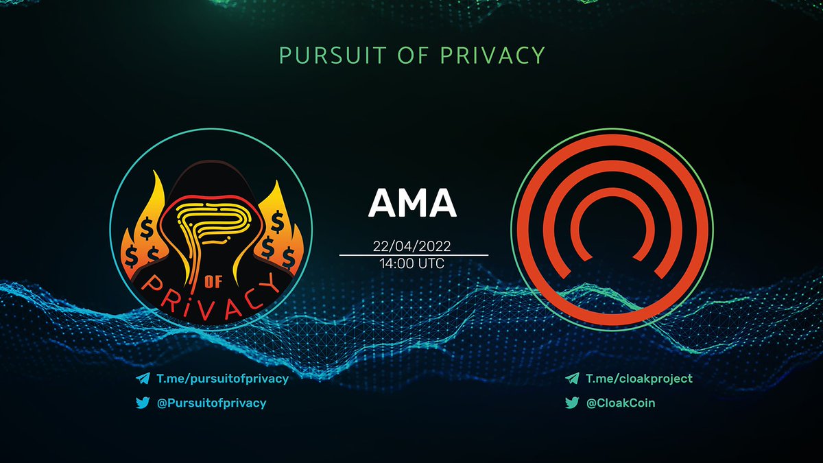 PrivacyPursuit's tweet image. We are happy to announce our next #AMA with @CloakCoin !

$200 in $CLOAK will be given away in total during the AMA so make sure you attend!

Guest: @CloakCoin team
When: 22/04/2022 2PM UTC
Where: t.me/pursuitofpriva…

$CLOAK #Privacy @cloakcoin_promo