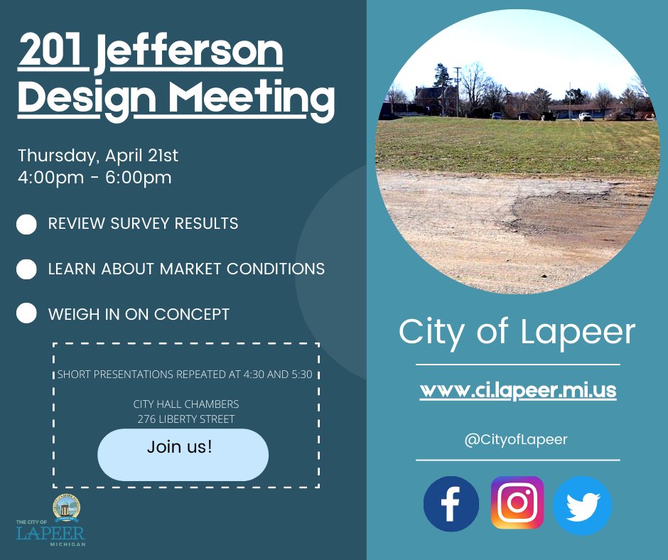 CityOfLapeer's tweet photo. DESIGN MEETING: Let's talk about the future of 201 Jefferson (the former White Jr. High property). The survey's are in and now it's time to go over the ideas. Join us on Thursday, April 21st. https://t.co/cVVtwB2yto
