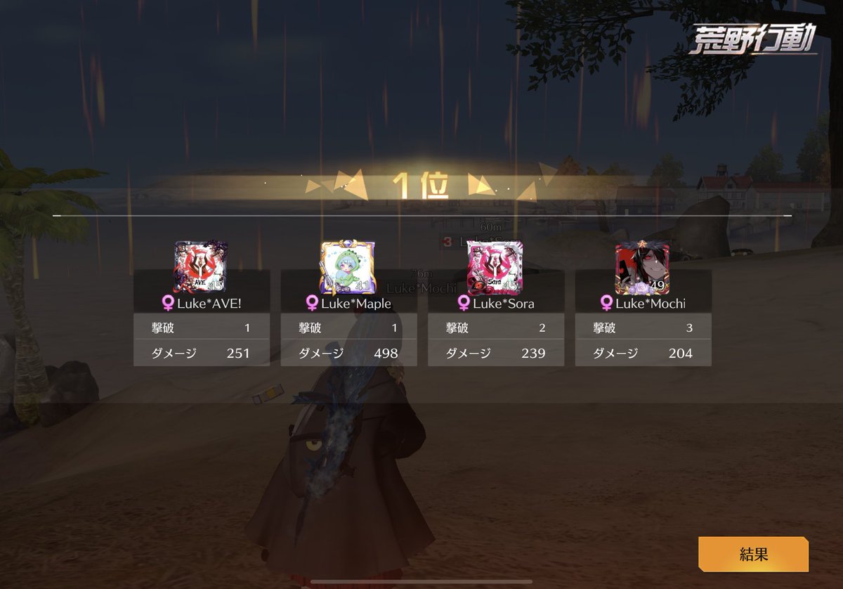 投稿忘れのリザルト！
4月3日みんな安定のダメ数かな？
全員生存で勝てて良かった！