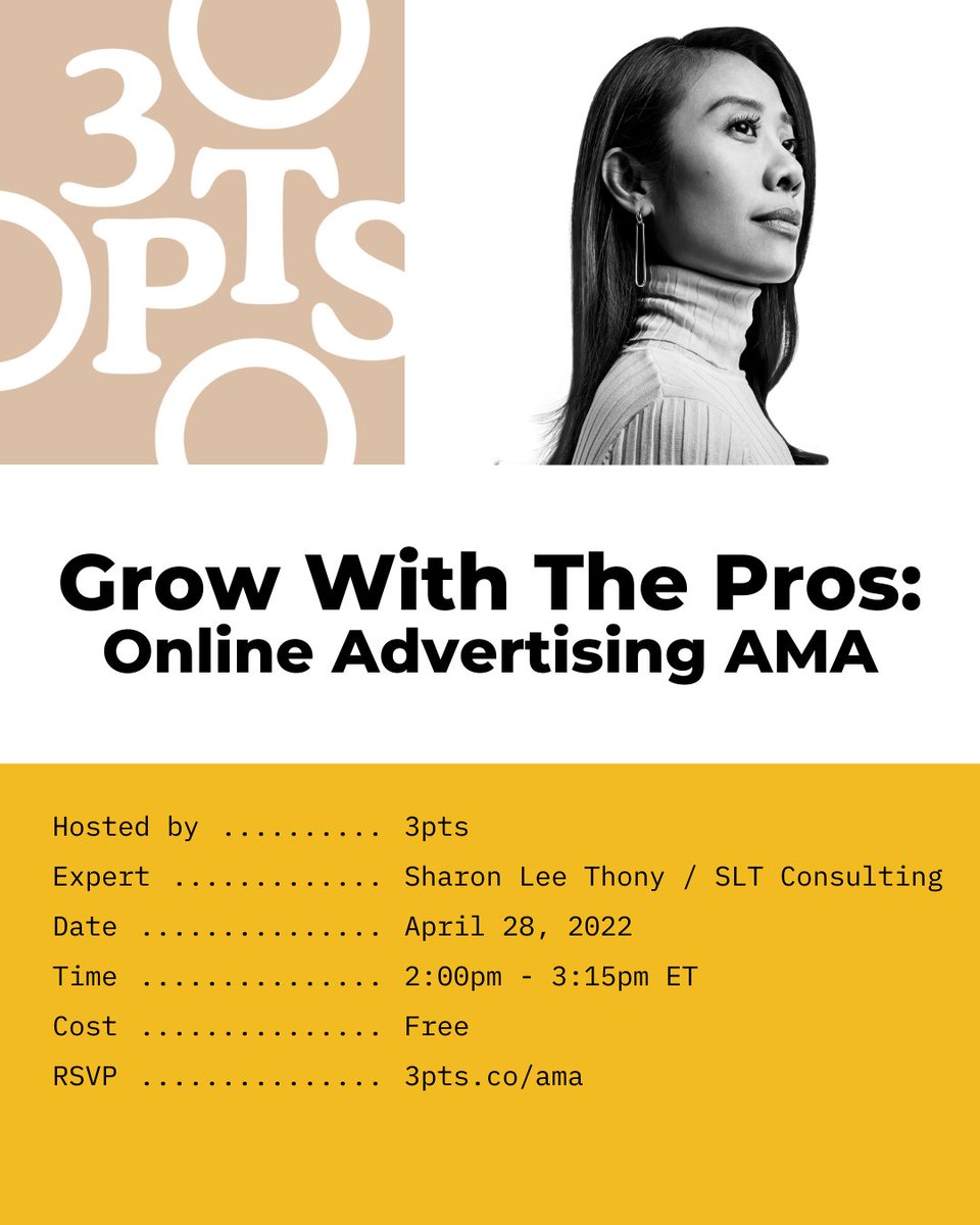 When done right, online advertising can be one of your greatest tools.

To get answers to all your biggest online advertising questions, join me and <a href="/Sharon_Thony/">Sharon Lee Thony</a> for the “Ask Me Anything" virtual workshop on April 28th from 2:00-3:15pm ET. RSVP at 3pts.co/ama