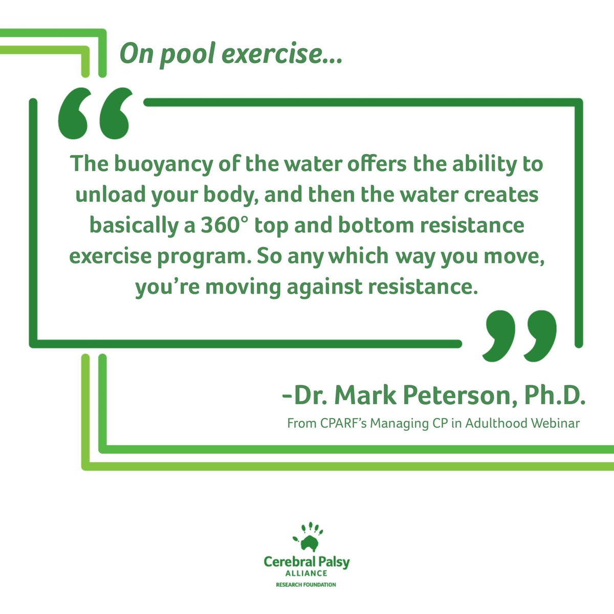ResearchForCP's tweet photo. Water offers a weightless way to move your body while still creating resistance. @mdpeterz shared that and so much during our webinar with him. Check it out: https://t.co/Gtq15ZYEmm
#ResearchForCP #CerebralPalsy #CP #research #buoyancy #resistance #exercise #AdaptiveExercise https://t.co/A0abJjcCpK