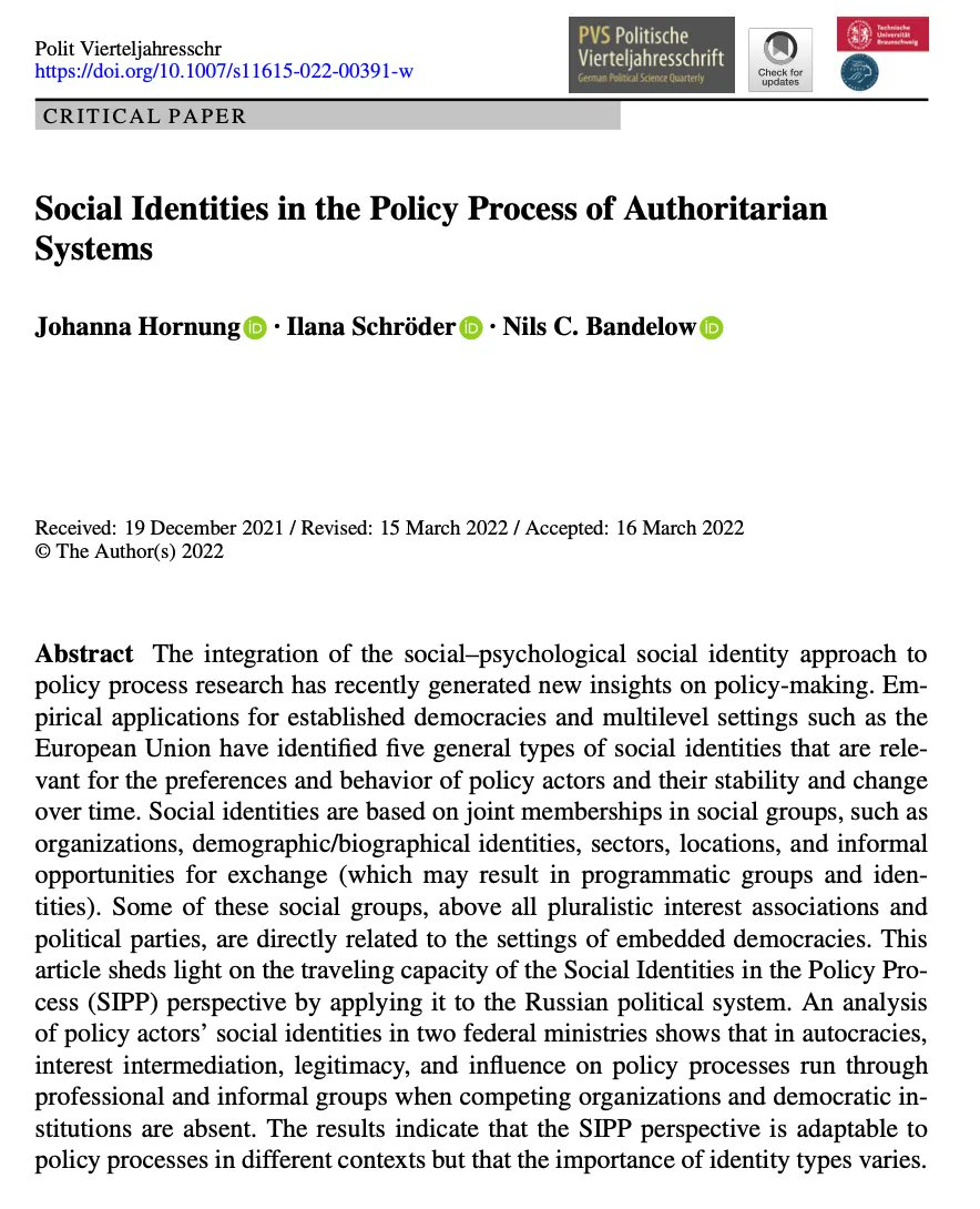 CoPPP_BS's tweet image. @JohannaHornung @IlanaSchroder @NilsBandelow contribute to the upcoming @PVS_journal SI on #policyprocess theories' travel capacity by analyzing the applicability of social identities in the policy process (SIPP) to the #Russian political system.

link.springer.com/article/10.100…
