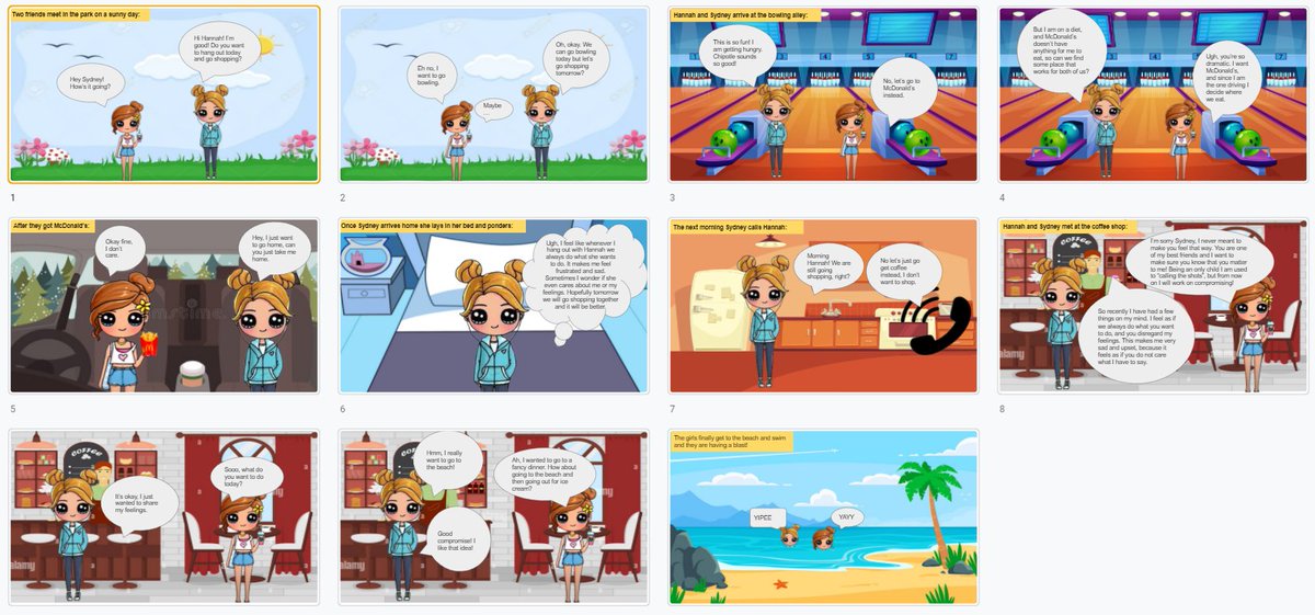 CoachMatheson's tweet photo. (1/2) Here are a few examples of our #healthed relationships unit summative assessment focusing on #InterpersonalCommunication. Students were to include a conflict, I-statement, assertive communication, and a positive resolution. #Standard4 https://t.co/yA53nlDYTC