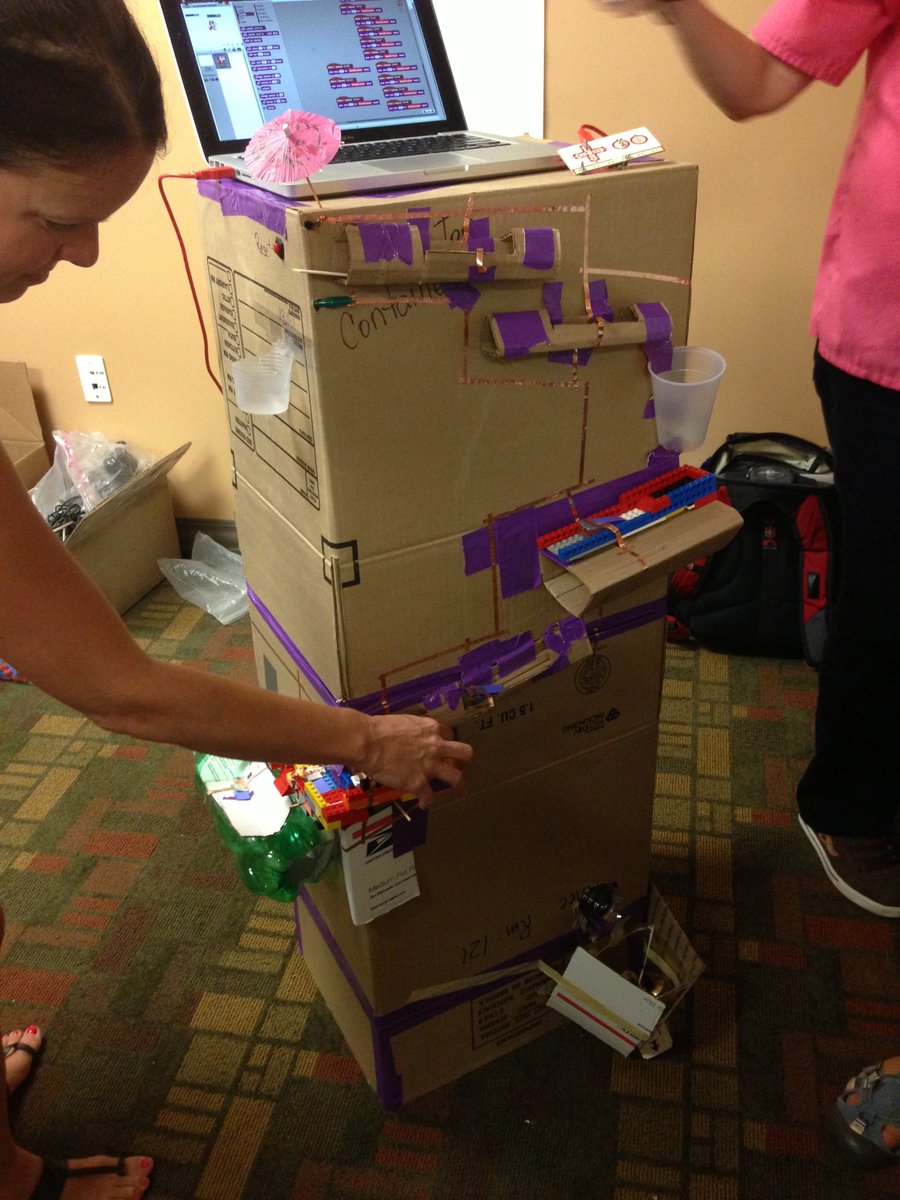 joshburker's tweet photo. @jaymesdec @makeymakey One participant built a working #3DScanner from #LEGO and @scratch, this #automaton picked its nose, people explored #softCircuits, and this marble run combined with @makeymakey and @scratch with hilarious results! https://t.co/H4ufEhB3C5