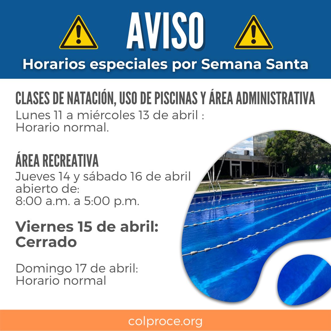 Colproce_SV's tweet photo. ⚠️AVISO⚠️
Horarios especiales por Semana Santa.
Para más información llámanos a los teléfonos:
2273-4105
2273-5423
#Colproce https://t.co/MgWvnprRot