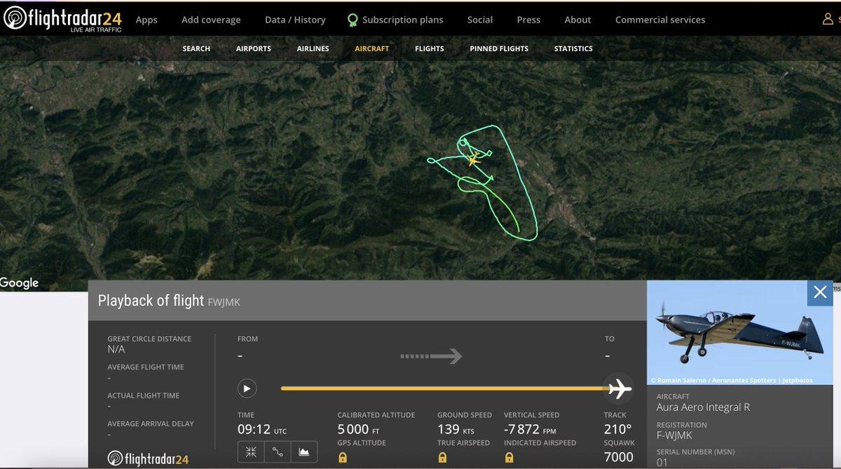 lustuuu's tweet photo. Confirmation sur FR24 que l'aéronef accidenté ce matin en Ariège est bien le prototype de l'Aura Aero Integral R (SN 01). Bien triste nouvelle...
#avgeek https://t.co/5o65TmcW3D
