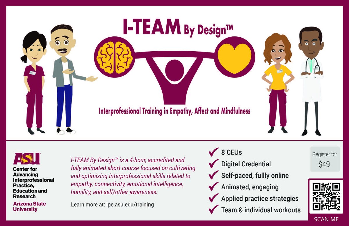 asucaiper's tweet image. Scan &amp;amp; Share today ~ #ITEAMByDesign!

#EduTainmentITEAMByDesign #teambasedcare #HumilityParadigm #DigitalCredentialing #empathy #education #teamwork #interprofessional

@macyfoundation @asunursing @ASUEmbeddedness
@ASUResearch @ASU @asuhealth @showazclinic  @C4CHEd