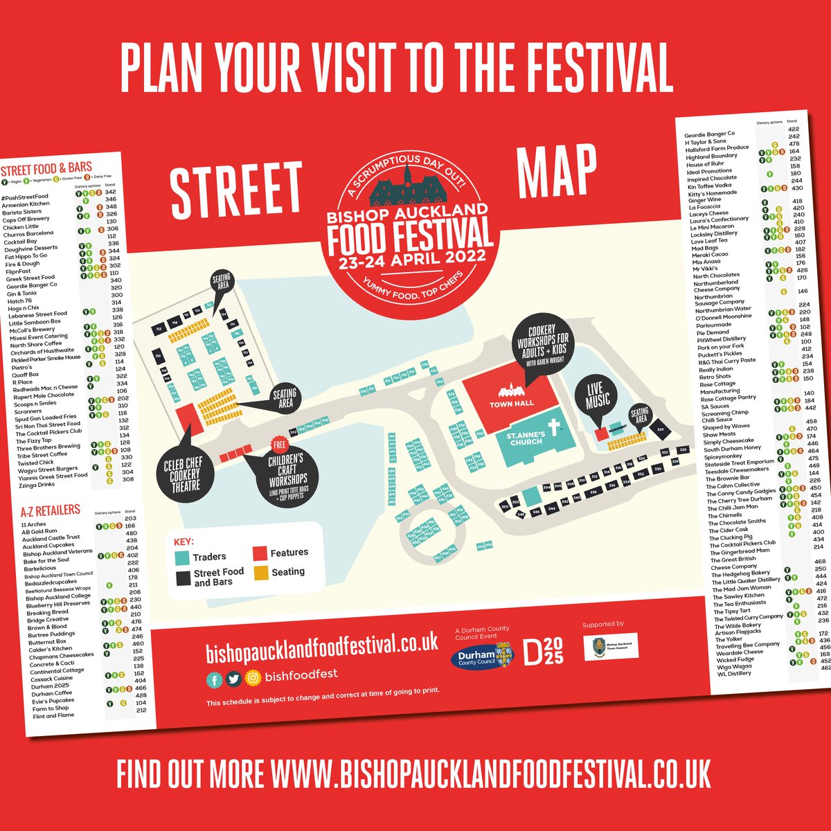Check out this year’s #BishFoodFest map and start planning your perfect day out. 🗺️

📅 23-24 April

🎟️ The event is FREE and no tickets are needed for our Celeb Chef Cookery Theatre or local trader areas.

For more information 👉 bishopaucklandfoodfestival.co.uk/visiting/